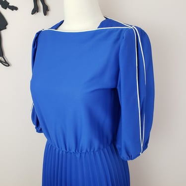 Vintage 1980's Blue Dress / 80s Day Dress S 
