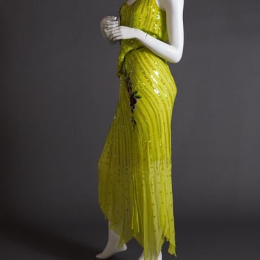 acid green two piece bias cut silk set with intricate floral beading 