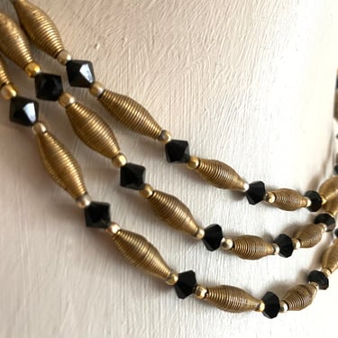 Vintage 40s 50s Rockabilly Necklace • 3 Tier / Three Layer • Black Faceted Beads + Gold Tone Spirals • 1940s 1950s Pin Up Jewelry Accessory 