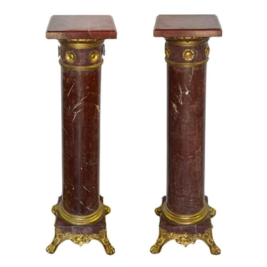 Pair of French Rouge Griotte Marble & D'ore Bronze Pedestals