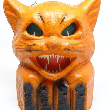 Vintage 1940's Orange Cat on Fence Halloween Lantern,  Original Paper Label, Made with Pulp Paper Mache, Retro Decor 