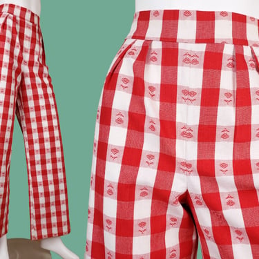 1960s gingham pleated pants. Red & white tablecloth. High rise, wide leg, back zip closure. Mod cottage farmhouse summer picnic. (27 x 31) 