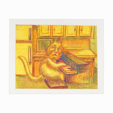 Original Pastel Painting on Paper Dog Playing Piano Vintage 