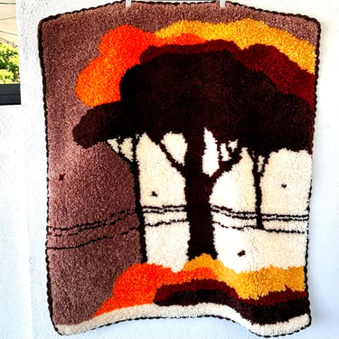 Vintage 70s Shag Rug Tree Art 1970s Latch Hook Rug Tree Autumn Fall Decor Wall Hanging 