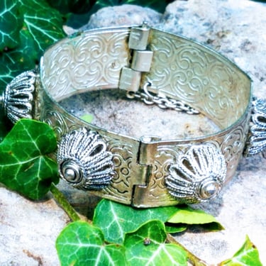 Vintage Persian Bangle Bracelet~Boho bracelet~Wide Silver plated Bangle, Flower Medallions~Hinged Locking Pin tube clasp~JewelsandMetals 