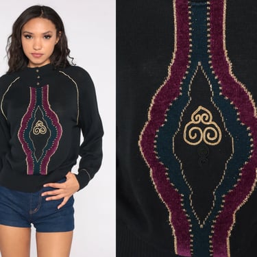 Abstract Sweater 80s 90s Black Mock Neck Sweater Soutache Geometric Sweater Knit Jumper Raglan Sleeve Vintage Pullover Retro Medium 