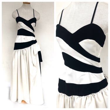 Vintage VTG 1970s 70s Victor Costa Avant Garde Black White Ball Gown Formal Dress 