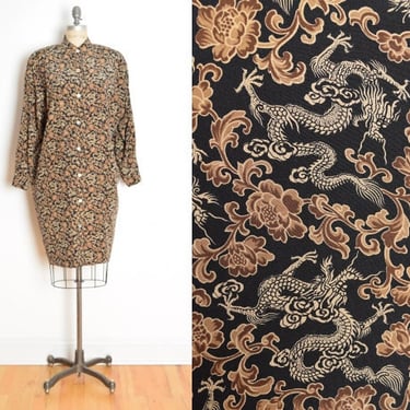 vintage 90s dress black silk DRAGON print Asian button up maxi duster jacket XL clothing 