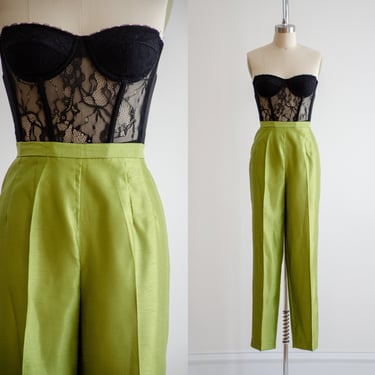 high waisted pants | 90s y2k vintage shiny lime green faux silk trousers 
