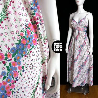 Just Gorgeous Vintage 70s Floral Rows Maxi Dress with Spaghetti Straps 