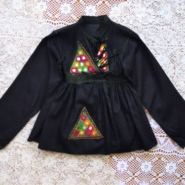 Unique Vintage 70s Black Indian Wrap Blouse with Embroidered Mirrors 