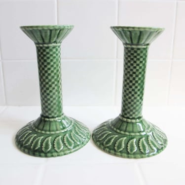Vintage Green Checkerboard Ceramic Candlesticks made in Portugal - Tall Candleholders - Housewarming Gift - Garden Dinner Party 