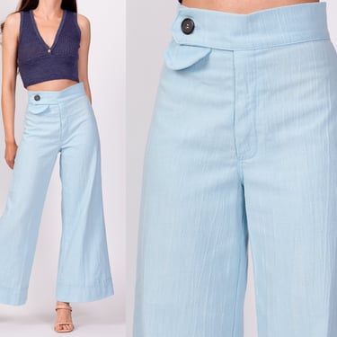 70s Baby Blue High Waist Flared Pants - Extra Small, 24.5" | Vintage Cotton Retro Flares Hippie Trousers 