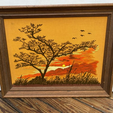 Vintage Crewel Tree And Mountains At Sunset, Paragon Golden Glow 1975, Earthtone Textile Art, Hippie Boho, Large Size 