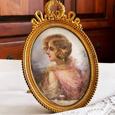 Antique portrait miniature painting on ivory, Young woman in pink,  in a French ormolu frame, Ornate gold gilt metal, Signed Regnol 