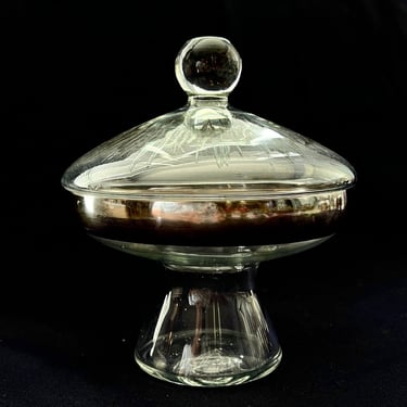 Vintage Jar, Atomic Mushroom Design, Space Age, Clear Glass, Silver Rim, Pedestal Candy Dish, Organization, Mid Century Home Decor 