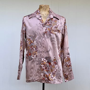 Vintage 1970s Long Sleeve Disco Shirt, Slinky Beige Floral Polyester Hipster Shirt, Large 46
