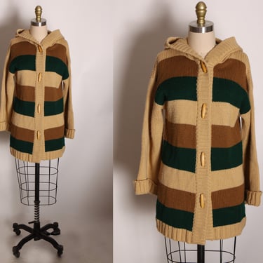1970s Tan, Brown and Forest Green Knit Striped Long Sleeve Sweater Cardigan by Venture -M 