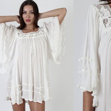 White Cotton Gauze Micro Mini Dress / Vintage Mexican Crochet Kimono / Angel Sleeve See Through Sun Vacation Cover Up 