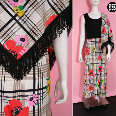 Fantastic Vintage 70s Colorful Floral Hatchmark Patterned Maxi Dress with Matching Fringed Scarf 