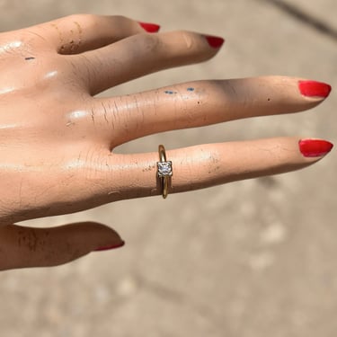 14K Gold Diamond Solitaire Engagement Ring, .03 CT Brilliant Diamond, Square White Gold Illusion Setting, Yellow Gold Band, Size 5 1/4 US 