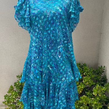 Vintage Ann Hobbs for Cattiva chiffon ruffles dress blues greens Sz 6 XS 