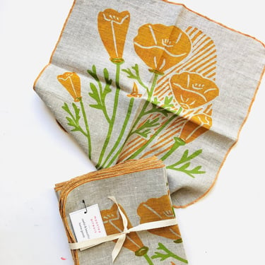 California Poppy Linen Napkin Set, Handprinted Cloth napkins 
