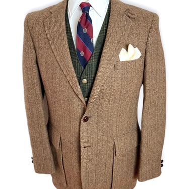 Vintage 100% Wool TWEED Hacking Jacket ~ 38 R ~ sport coat / blazer ~ Herringbone ~ Chinstrap ~ Hunting ~ Ivy League / Preppy / Trad 