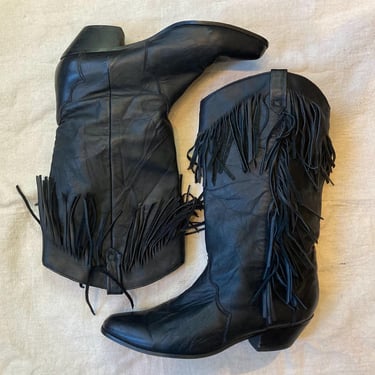 Vintage 80s Cowboy Boots / FRINGE Top + Sides / Low Dress Heel / Rocker / Dingo / 8 