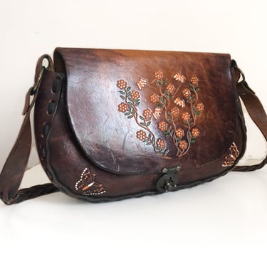 Vintage 1960s RARE OVERSIZE hand crafted leather shoulder bag