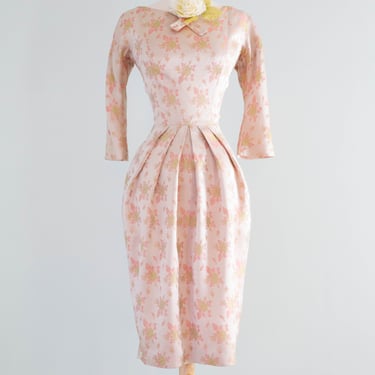 Iconic 1950's Pink Satin Brocade Rose Cocktail Dress By Suzy Perette / Small