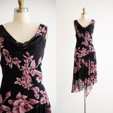 black midi dress 90s y2k vintage pink floral bias cut sleeveless vintage slip dress 