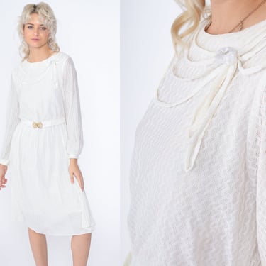 White Lace Dress 80s Midi Party Dress Long Sleeve High Waisted Gold Belted Formal Evening Cocktail Boho Elopement Vintage 1980s Small 