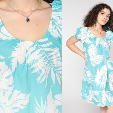 Hawaiian Mini Dress 80s Blue Tropical Leaf Dress Short Sleeve Shift Shift 1980s Boho Dress Summer Dress Vintage Bohemian White Medium 
