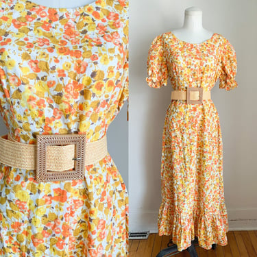 Vintage 1960/70s Orange Floral Maxi Dress / M-L 