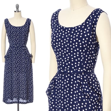 Vintage 1950s Dress | 50s Polka Dot Rayon Navy Blue Wiggle Sheath Belted Midi Pin Up Sundress with Pockets (x-small/small) 