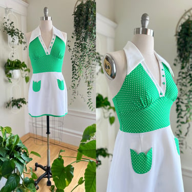 Vintage 1970s Sundress | 70s Floral Tulip Novelty Pockets Halter Polka Dot Green White Mini Golf Day Dress (medium/large) 