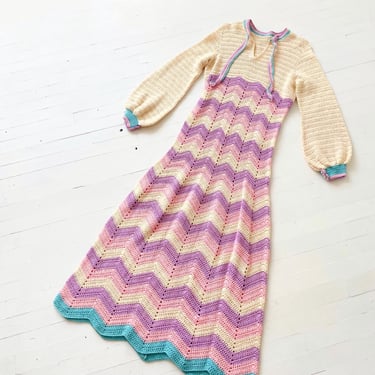 1970s Cream + Pastel Crochet Chevron Maxi Dress 