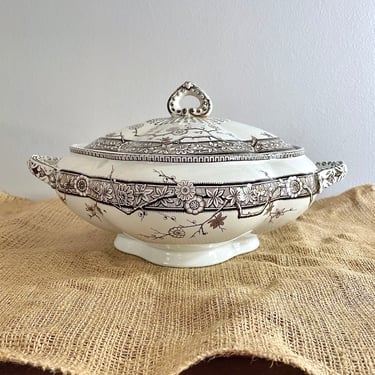 Antique T Furnival, Brown Transferware Chantilly pattern, Lidded Tureen, Serving Bowl - Quatrefoil, Aesthetic Late 1800's, Floral 