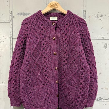 90s Purple Cable Knit Sweater cardigan unisex small Fisherman’s Style made in Ireland hand knit thick heavy oversized 