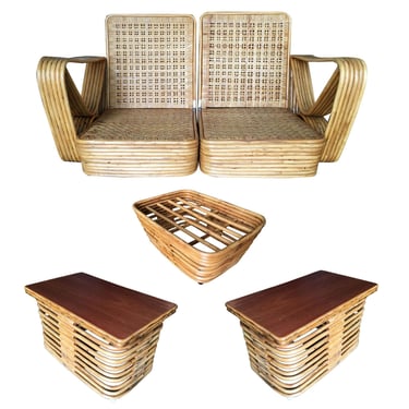 Early 1930s Rare Restored Vintage Paul Frankl Six-Strand Wicker Sofa Rattan Living-Room Set W/New Cushions 