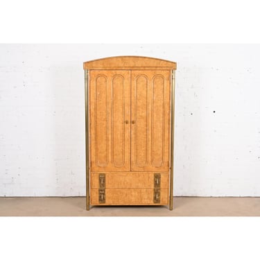 William Doezema for Mastercraft Mid-Century Modern Hollywood Regency Burl Wood and Brass Armoire Dresser, 1970s