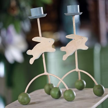 Set of 2 Vintage Bunny Taper Candle Holders | Whimsical Balancing Rabbits | Handcrafted Metal Art | Made in the Philippines | 1990s 
