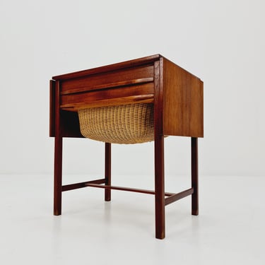 Vintage Danish teak and rattan sewing table/ side table cabinet, 1960s 