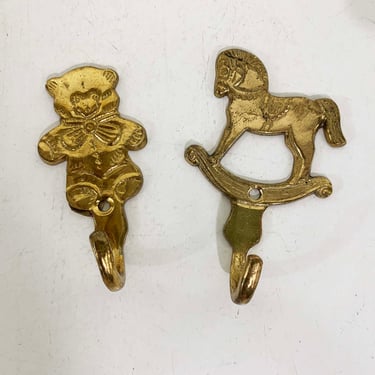 Vintage Brass Teddy Bear Rocking Horse Hook Hooks Pair Set of 2 Nursery Kid's Room Decor 1970s 
