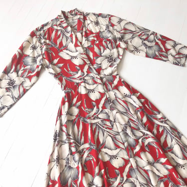 1980s Norma Kamali Red Floral Print Wrap Dress 