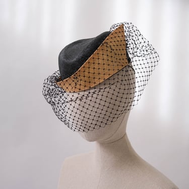 Vintage 40s Alex Wilson Straw Sailor Veil Hat | DEADSTOCK | Film Noir, Pinup, Beatnik, Bohemian | 1940s Designer Boho Hat | New Look 
