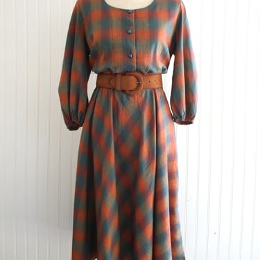 1970s - Plaid Dress - 3/4 Sleeve - Aline Skirt - Elastic Waist - Rust/Teal - by Jerell - Marked size 13 