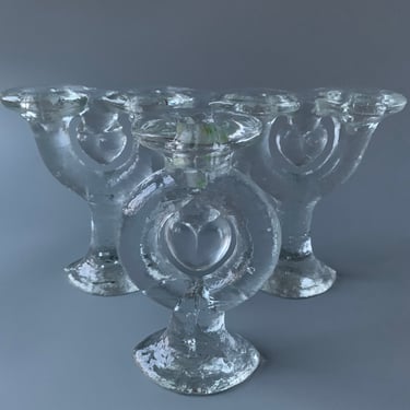 RARE Pukeberg Glass Heart Candelabra and Candle Holder Set by Stefan Gallenstadt 