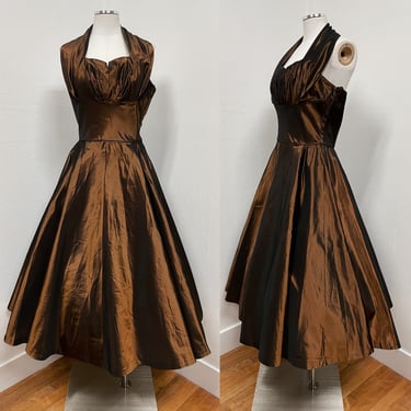 1950s Copper Taffeta Halter Top Evening Dress by Lorrie Deb S-M | Vintage, Formal, Party, Cocktail, Fancy, Holiday, Christmas, Unique 
